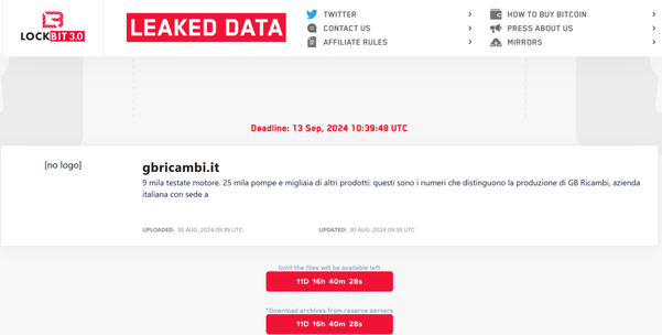 Rivendicazione dell'attacco a GB Ricambi da parte di Lockbit 3.0"